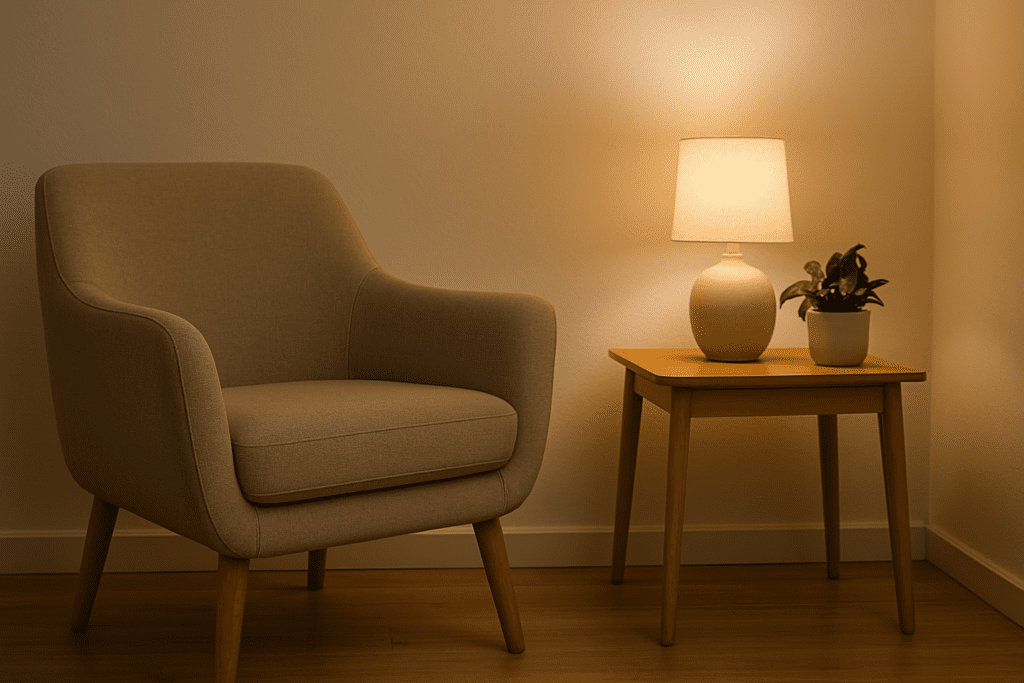 Top 10 Anti-Inflammatory Foods to Add to Your Plant-Based Diet for Better Health 2 A neatly arranged therapy space featuring a modern beige armchair, a small side table with a potted plant, and a glowing lamp. The room is softly lit with warm ambient light, creating a calm and inviting environment.