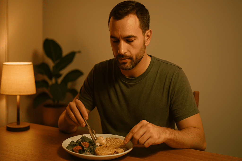 Healthy Friday Night Dinner Ideas for Adults: Nourishing Meals to End Your Week on a Feel-Good Note 1 A man in his mid-30s, with neatly trimmed facial hair and wearing an olive-green T-shirt, sits at a warmly lit dining table. He is focused on his plate, which contains a balanced meal, with a soft ambient glow from a table lamp and a potted plant in the background, creating a calm and serene atmosphere.