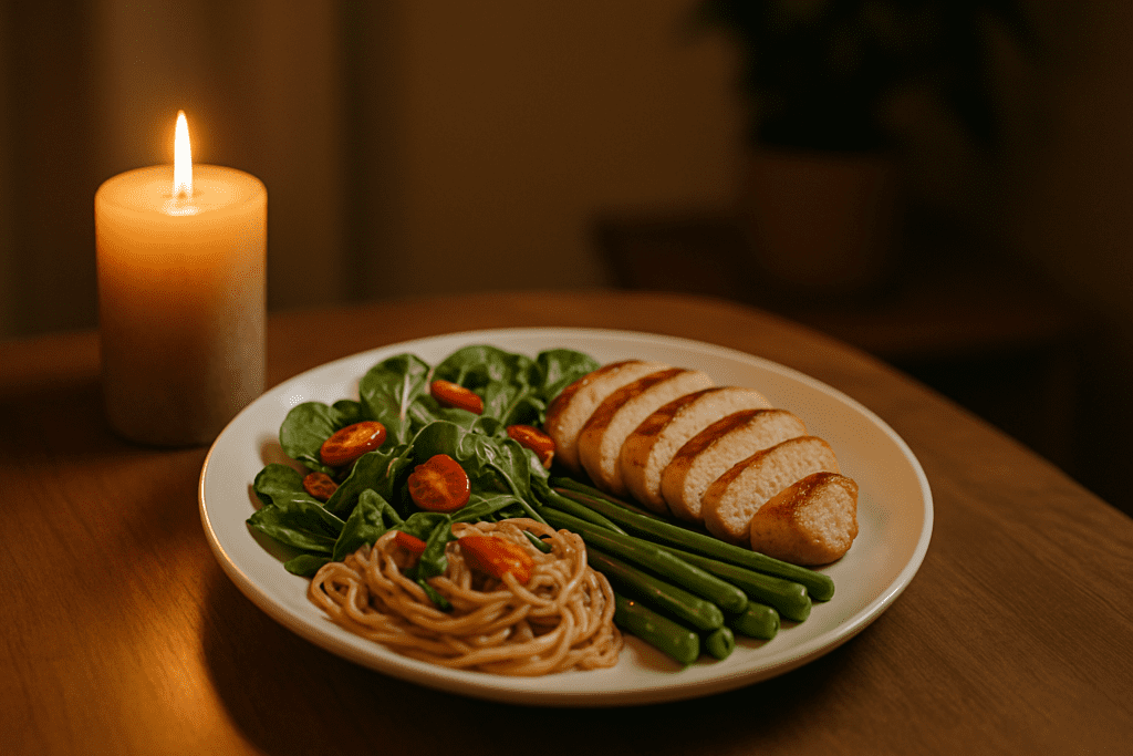 Healthy Friday Night Dinner Ideas for Adults: Nourishing Meals to End Your Week on a Feel-Good Note 2 A close-up of a white dinner plate on a rustic wooden table, showcasing a balanced meal of grilled chicken slices, a mixed green salad with tomatoes and cucumber, whole wheat spaghetti with tomato sauce, and crisp green beans. A single pillar candle nearby casts a warm, cozy glow.