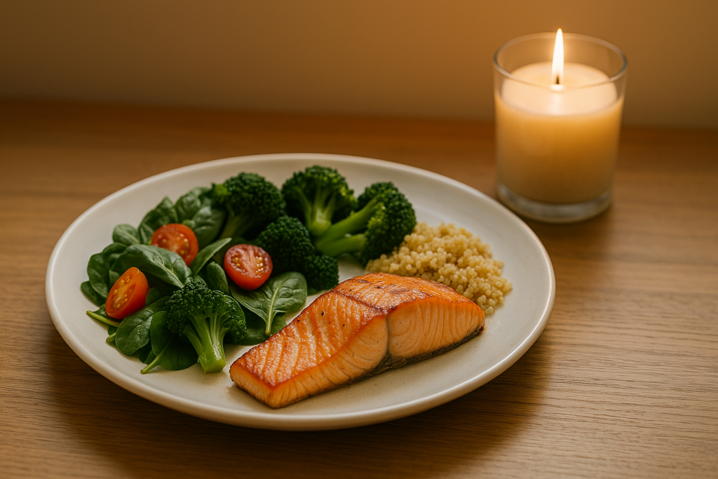 Healthy Friday Night Dinner Ideas for Adults: Nourishing Meals to End Your Week on a Feel-Good Note 3 A close-up of a healthy dinner plate featuring grilled salmon, a vibrant salad with cherry tomatoes, steamed broccoli, and a side of quinoa, all arranged on a white plate set on a wooden table. A lit candle in a glass holder adds a warm, inviting ambiance in the softly lit background