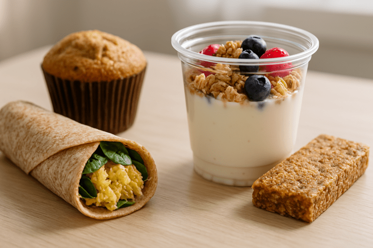 A balanced, grab-and-go breakfast spread featuring a whole wheat wrap with scrambled eggs and spinach, a yogurt parfait topped with granola and berries, a freshly baked muffin, and a nutritious energy bar, all arranged on a light wooden surface in soft natural light