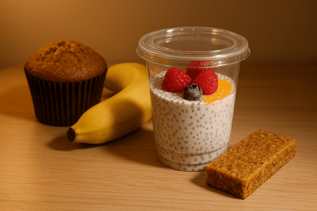 Best Grab and Go Breakfast Ideas for Busy Mornings: Healthy, Low-Sugar Options That Support a Smarter Start 1 A healthy breakfast assortment including chia seed pudding topped with raspberries, a blueberry, and a slice of orange, accompanied by a ripe banana, a whole-grain muffin, and a textured oatmeal energy bar, placed neatly on a wooden surface under warm ambient lighting
