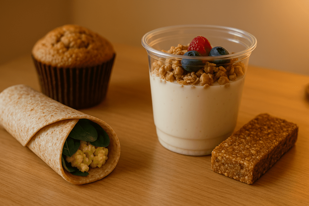 Best Grab and Go Breakfast Ideas for Busy Mornings: Healthy, Low-Sugar Options That Support a Smarter Start 2 A wholesome breakfast selection presented on a warm wooden surface, showcasing a whole wheat tortilla wrap filled with scrambled eggs and spinach, a yogurt parfait garnished with granola and fresh berries, a golden muffin, and a crunchy granola bar, captured in a softly lit setting