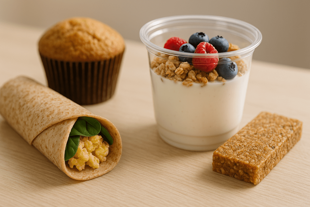 Best Grab and Go Breakfast Ideas for Busy Mornings: Healthy, Low-Sugar Options That Support a Smarter Start 3 A clean and simple breakfast spread with a whole wheat wrap filled with scrambled eggs and spinach, a yogurt parfait with granola and berries, a fresh muffin, and a nutritious energy bar, placed on a light wooden surface under natural soft lighting