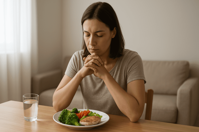 A woman in her late twenties or early thirties sits at a light wooden table, gazing down with a thoughtful expression. In front of her is a plate with grilled chicken, broccoli, carrots, and lettuce, accompanied by a glass of water. The scene is illuminated by soft, natural light in a neutral-toned living space.