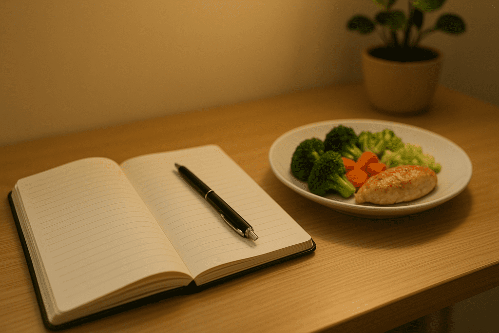 Smart Eating Habits: How Nutrition and Diet Guidelines Help Determine the Right Amount of Food to Eat in a Day 1 An open notebook with faint lines and a black pen lies on a light wooden table, next to a plate containing grilled chicken, broccoli, carrots, and lettuce. A potted plant in the background adds a calm, serene touch, with soft ambient lighting enhancing the setting.