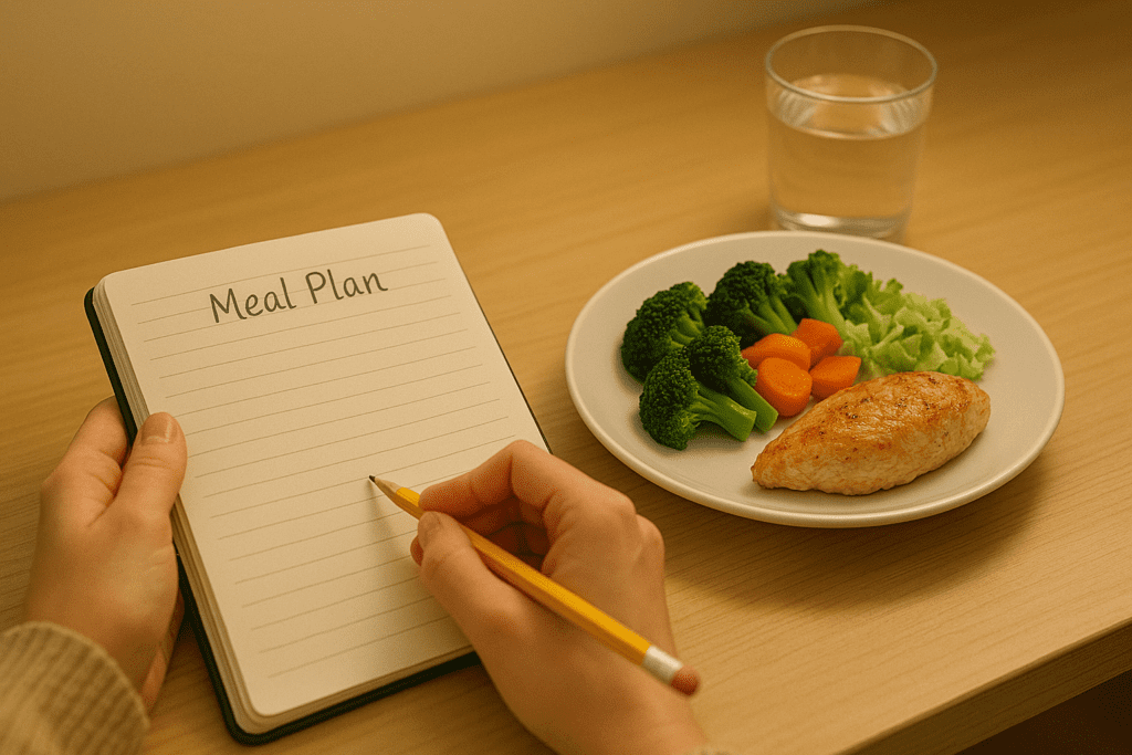 Smart Eating Habits: How Nutrition and Diet Guidelines Help Determine the Right Amount of Food to Eat in a Day 2 A person is writing "Meal Plan" in a notebook with a pencil, while a plate of grilled chicken, broccoli, carrots, and lettuce sits beside them on a wooden table. A glass of water rests nearby, all bathed in warm, natural light.