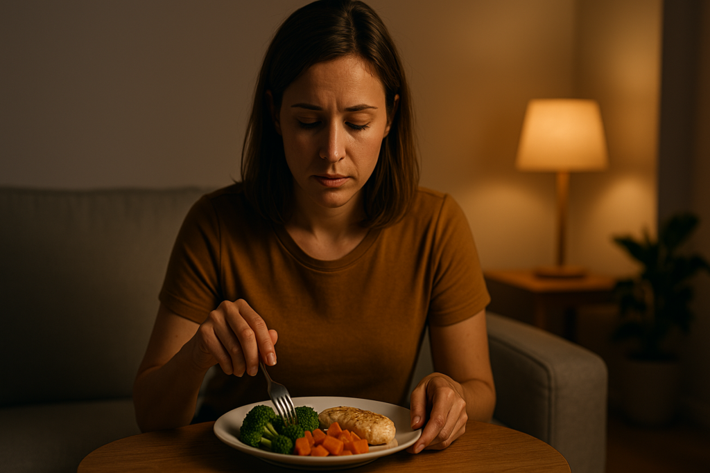 Smart Eating Habits: How Nutrition and Diet Guidelines Help Determine the Right Amount of Food to Eat in a Day 3 A woman in her late twenties or early thirties, wearing a mustard-colored shirt, sits on a gray sofa in a dimly lit room. She gazes down at her plate of grilled chicken, broccoli, and carrots. A nearby lamp casts a warm glow, creating a cozy, reflective atmosphere.