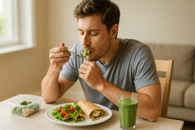 Young man in his late twenties with short brown hair, eating a healthy meal of salad, grilled chicken wrap, and green smoothie at a bright, minimalist dining table. Natural light fills the space, creating a calm and focused atmosphere