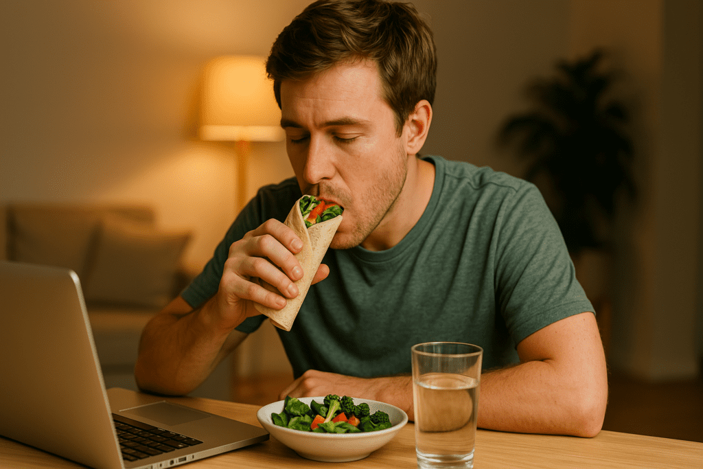 Healthy Late Night Fast Food and Lunch Hacks: Smart Eating Tips for Busy People Who Don’t Want to Sacrifice Nutrition 1 Young man with light skin and brown hair eating a fresh wrap while working on his laptop at a wooden table. A glass of water and a small bowl of salad accompany him, illuminated by warm indoor lighting