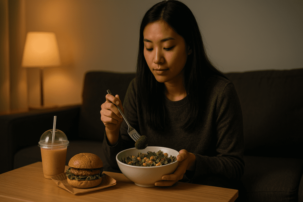 Healthy Late Night Fast Food and Lunch Hacks: Smart Eating Tips for Busy People Who Don’t Want to Sacrifice Nutrition 2 Young Asian woman with long, dark hair enjoying a healthy meal on a dark gray sofa, holding a bowl of salad and broccoli. A smoothie and a veggie burger rest on the wooden coffee table nearby, softly lit by warm ambient light.