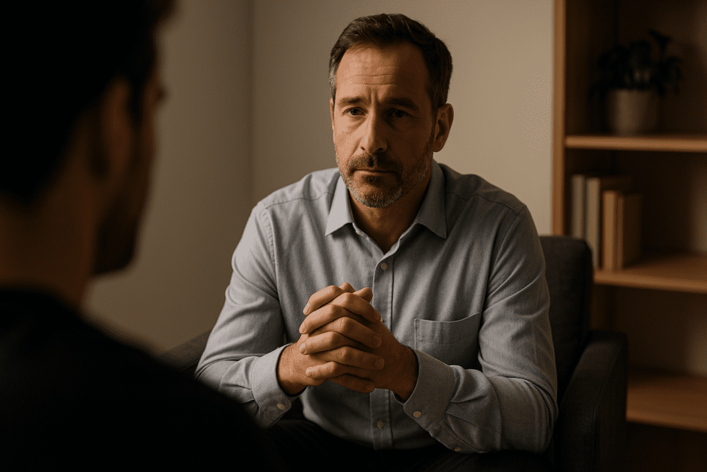Healthy Late Night Fast Food and Lunch Hacks: Smart Eating Tips for Busy People Who Don’t Want to Sacrifice Nutrition 3 Middle-aged therapist with short brown hair and a hint of gray in his beard, seated in a clean, minimalist therapy office with a neutral background. He listens attentively to a client, hands clasped, with a calm and empathetic expression