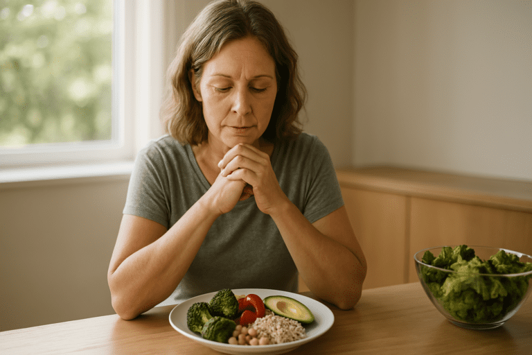 A middle-aged woman with light skin and soft wavy hair, wearing a sage green T-shirt, sits quietly at a wooden kitchen table. She gazes thoughtfully at a plate filled with colorful, whole plant-based foods, including broccoli, avocado, chickpeas, and cherry tomatoes. Natural morning light streams through a nearby window, highlighting the calm, reflective mood in the neutral, minimalistic setting.