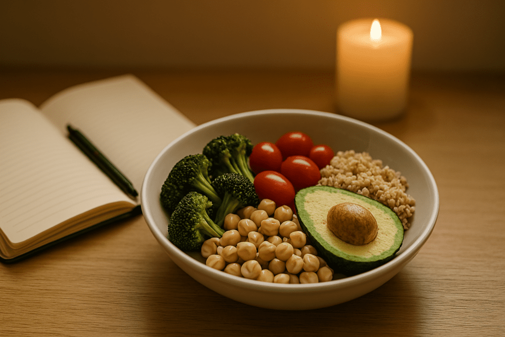 Best Diet for Insulin Resistance: How a Whole-Food Plant-Based Approach Can Improve Blood Sugar and Support Weight Loss 1 A neatly arranged bowl of whole plant-based foods sits on a light wooden surface, filled with steamed broccoli, cherry tomatoes, chickpeas, quinoa, and a halved avocado. Beside the bowl, an open notebook with a black pen suggests mindful journaling. A softly glowing candle in the background casts a warm ambient light, creating a peaceful and balanced atmosphere.