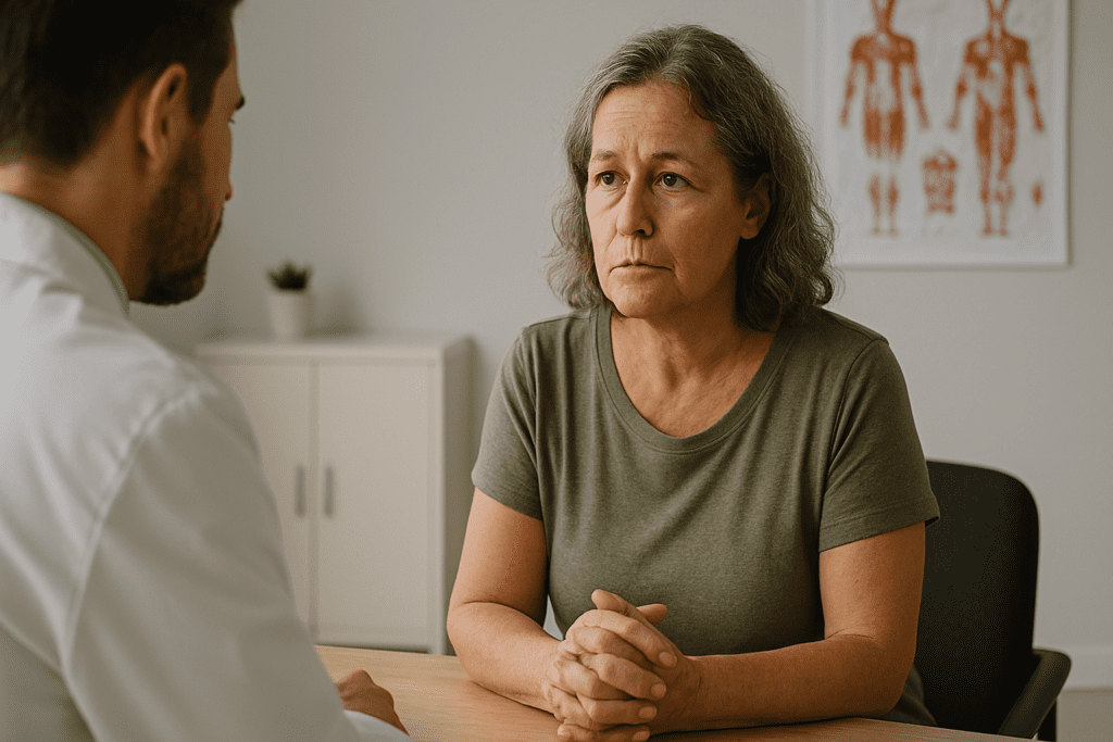 Best Diet for Insulin Resistance: How a Whole-Food Plant-Based Approach Can Improve Blood Sugar and Support Weight Loss 2 A middle-aged woman with wavy, graying hair and light skin sits across from a healthcare professional in a modern, minimalist doctor’s office. She clasps her hands and listens intently, her expression showing a mixture of concern and focus. The professional, dressed in a white coat, is partially visible, while the softly lit background includes medical charts and a potted plant on a cabinet.