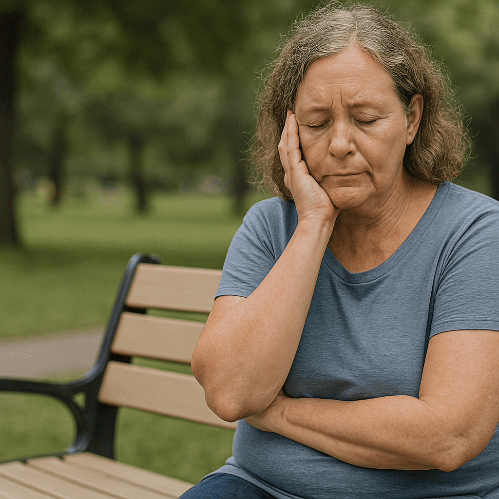 Best Diet for Insulin Resistance: How a Whole-Food Plant-Based Approach Can Improve Blood Sugar and Support Weight Loss 3 A lightly built woman in her late 50s or early 60s with wavy, graying brown hair sits alone on a beige wooden park bench with metal armrests. Wearing a heather blue T-shirt, she rests her right hand on her temple with her eyes closed, conveying a calm, contemplative mood. The blurred greenery and soft natural daylight in the background emphasize the peaceful outdoor setting.