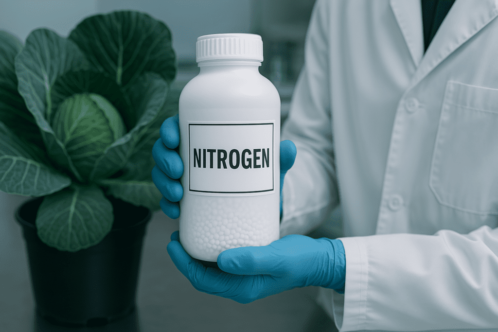 What Is One Nutrient Plants Need to Survive? Understanding Essential Nutrients for Plant and Human Health 3 A scientist wearing blue gloves and a white lab coat holds a clearly labeled bottle of nitrogen fertilizer in a modern lab setting, with a healthy cabbage plant in the background. Captured under cool clinical lighting, the image emphasizes nitrogen as a critical nutrient plants need to survive, highlighting the scientific link between soil health and optimal plant growth.
