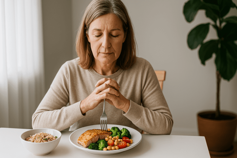 A middle-aged woman with light brown and gray hair sits thoughtfully at a white dining table, her hands gently clasped while looking down at a balanced, diabetic-friendly meal of seared salmon, broccoli, chickpeas, cherry tomatoes, and a side of quinoa salad. Soft natural light filters through sheer curtains, creating a calm, reflective atmosphere.