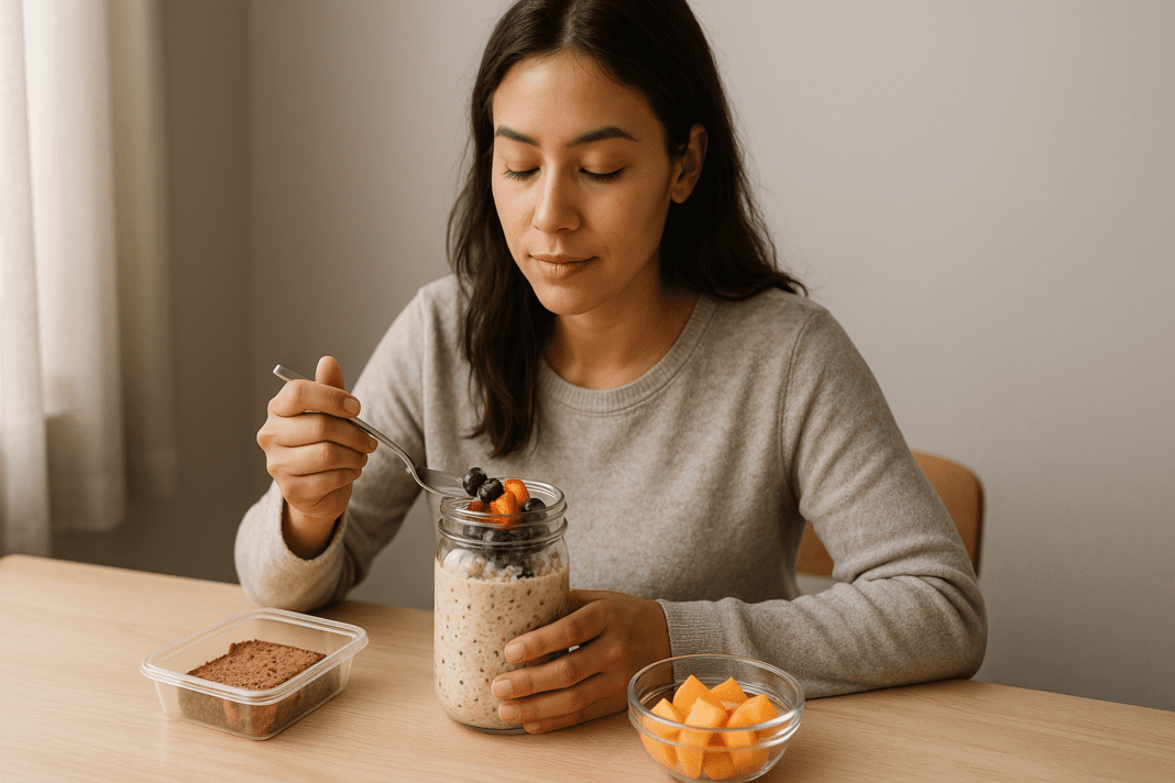 A young woman with long brown hair wearing a beige sweater sits at a light wooden table by a window, enjoying a healthy breakfast of overnight oats in a glass jar, topped with fresh berries. A bowl of cantaloupe cubes and a container with a slice of bread sit nearby. The soft morning light highlights the calm and cozy atmosphere