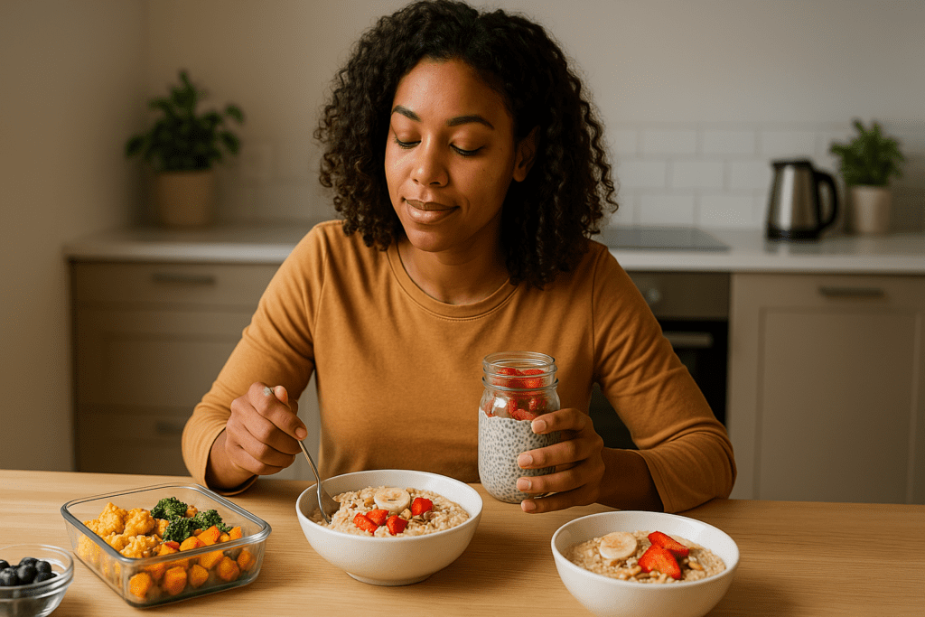 A young African American woman with curly hair sits at a modern, minimalist kitchen table, enjoying a nutritious breakfast. She holds a mason jar filled with chia pudding and a spoon in her hand, while a bowl of oatmeal with bananas and strawberries, and a glass container of roasted vegetables are also placed on the table. Warm ambient lighting enhances the peaceful setting