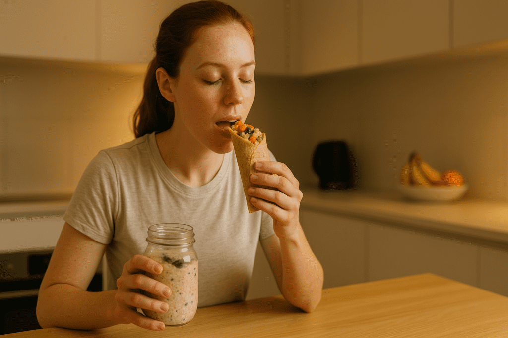 Healthy Make Ahead Breakfast Ideas for Busy Mornings: Nutritious Premade Meals to Start Your Day Right 2 A young woman with auburn hair tied back enjoys a breakfast burrito while holding a mason jar of overnight oats in her other hand. She is seated at a light wooden table in a minimalist kitchen with a bowl of fresh fruit and a kettle in the softly lit background. The warm glow adds to the cozy ambiance