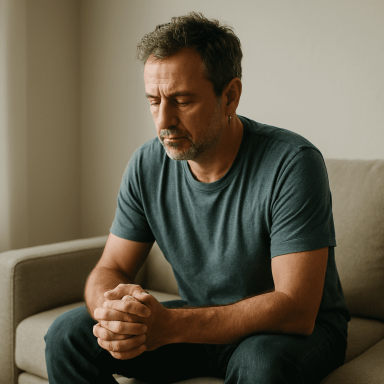 A middle-aged man with graying brown hair sits on a beige sofa, his hands clasped together and eyes closed in quiet reflection. The soft natural light highlights his contemplative expression in a minimalist living room.