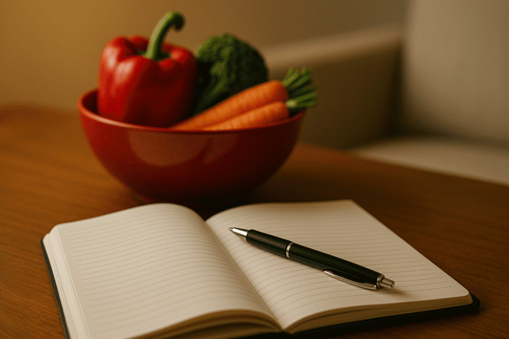 How a Vegan Diet Can Help Reverse Heart Disease: What the Science Says 1 An open lined notebook with a black pen rests on a wooden surface, with a red bowl filled with fresh carrots, broccoli, and a red bell pepper in the softly blurred background. Warm, ambient lighting highlights the natural textures.