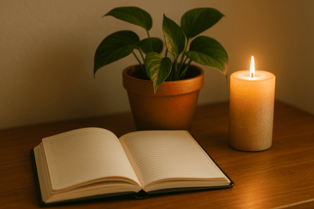 How a Vegan Diet Can Help Reverse Heart Disease: What the Science Says 2 An open journal with lined pages, a potted pothos plant, and a lit candle placed on a wooden surface, illuminated by warm candlelight that casts soft shadows in the calm, indoor setting.