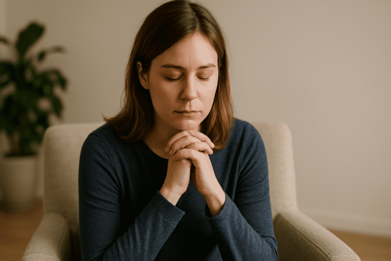 A young woman sits quietly in a beige armchair with her hands clasped under her chin, reflecting in soft natural morning light.