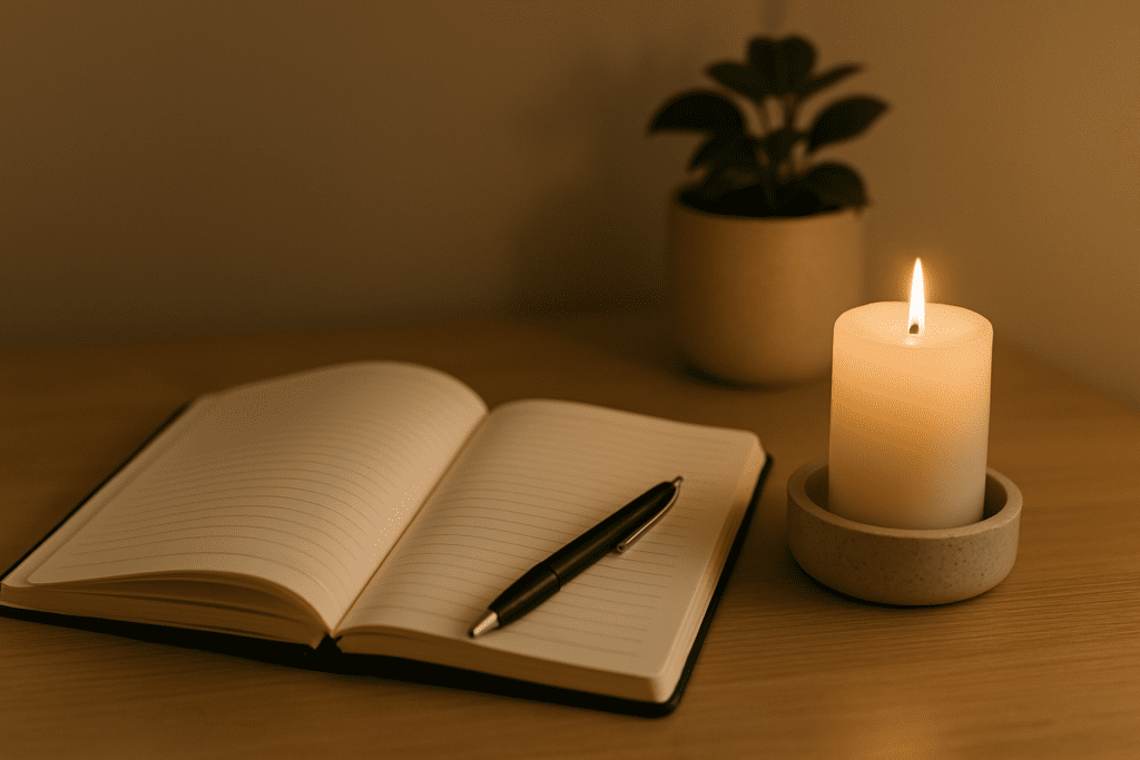 How to Stop Emotional Eating and Regain Control: Mindful Nutrition Strategies That Support a Healthier Lifestyle 1 An open notebook with a pen rests beside a lit candle and a small potted plant on a wooden desk, softly illuminated by warm ambient light.