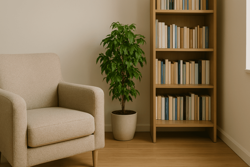 How to Stop Emotional Eating and Regain Control: Mindful Nutrition Strategies That Support a Healthier Lifestyle 2 A beige armchair, leafy green plant, and wooden bookshelf create a cozy therapy room scene with natural textures and warm lighting.