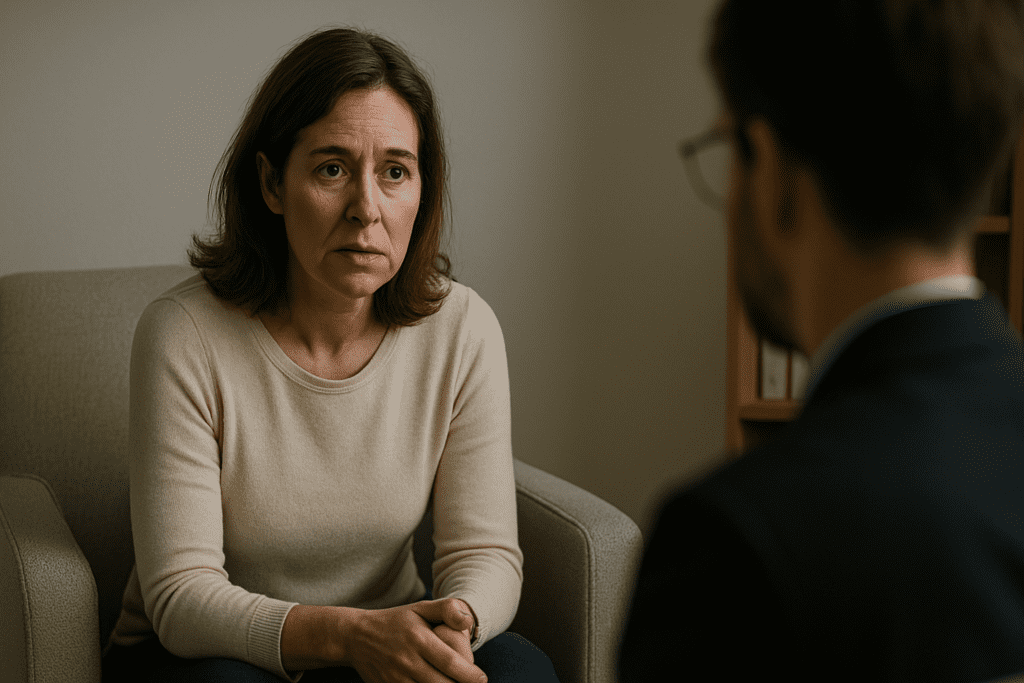 How to Stop Emotional Eating and Regain Control: Mindful Nutrition Strategies That Support a Healthier Lifestyle 3 A middle-aged woman with a serious expression sits in a light gray chair during a therapy session, softly lit in a calm setting.