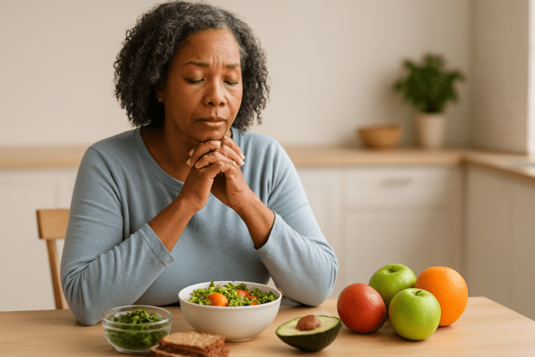 A middle-aged woman sits at a table with her eyes closed and hands clasped near her face, appearing to be in a moment of reflection before eating. In front of her is a bowl of fresh salad, along with a variety of fruits such as apples and oranges, an avocado, and some whole-grain bread. The background features a modern kitchen with plants and wooden elements.