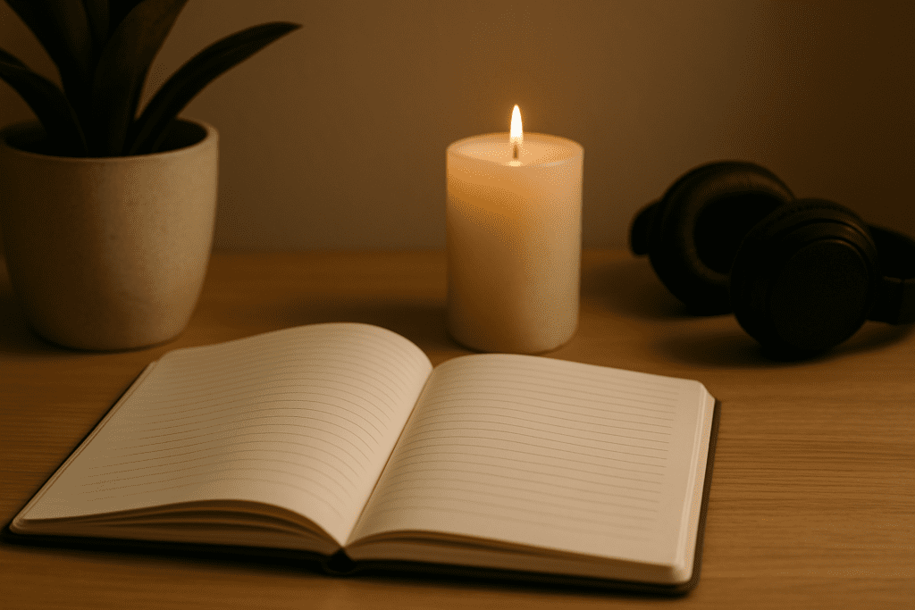 Best Diet to Reverse Diabetes: Science-Backed Foods for Lasting Health 1 A peaceful scene with an open lined notebook on a wooden desk, accompanied by a lit candle, a potted plant, and a pair of black headphones. The soft lighting creates a calm and focused atmosphere.