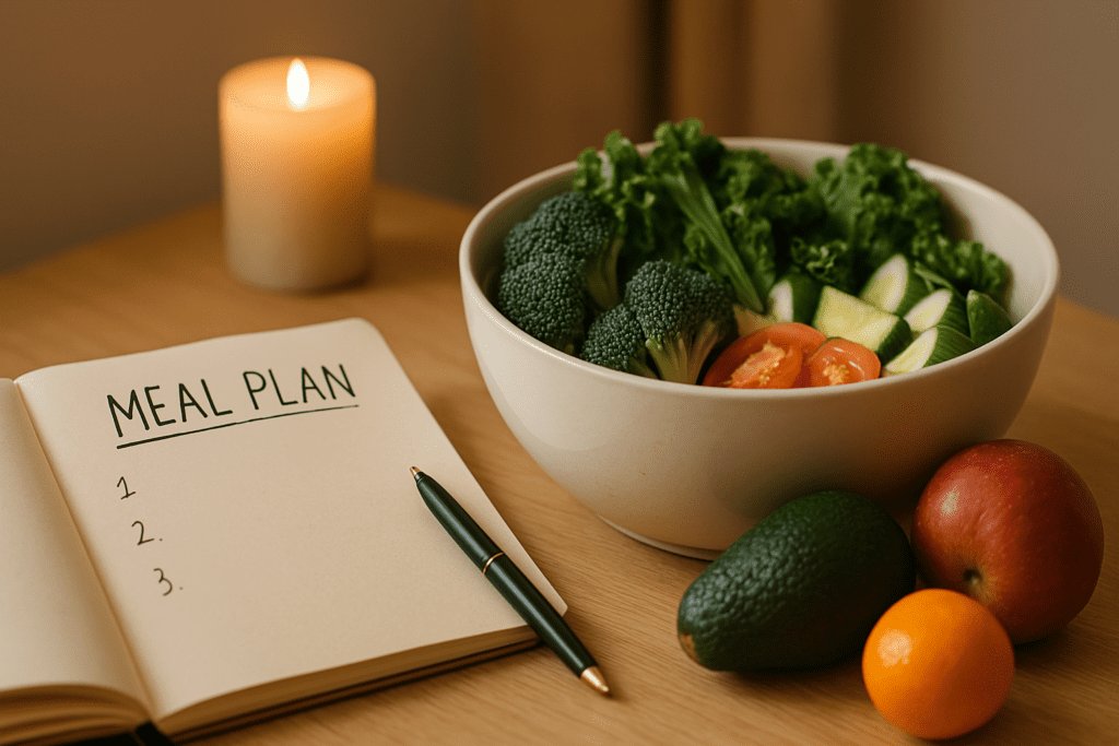Best Diet to Reverse Diabetes: Science-Backed Foods for Lasting Health 2 A bowl filled with fresh vegetables including broccoli, tomatoes, zucchini, and leafy greens sits next to a notebook with "MEAL PLAN" written on it. A pen lies on the notebook, and nearby are an avocado, an apple, and a small orange. A lit candle adds a cozy ambiance to the scene