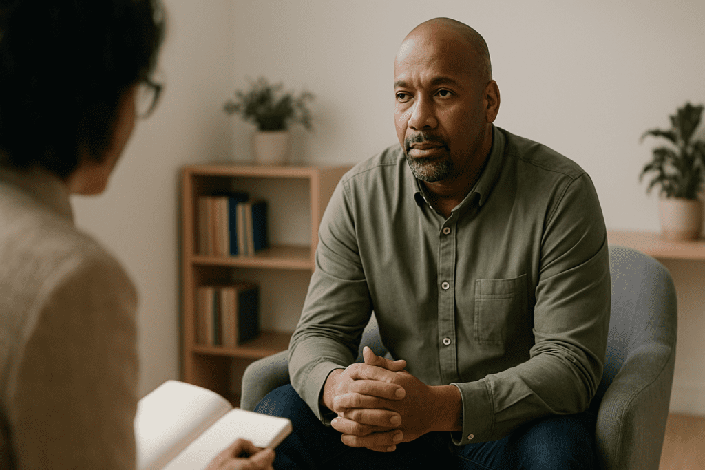 Best Diet to Reverse Diabetes: Science-Backed Foods for Lasting Health 3 : A middle-aged man with a serious expression sits in a counseling session, leaning slightly forward with his hands clasped together. A therapist, whose face is partially visible, is taking notes in a notebook. The setting is a calm, professional office with bookshelves and potted plants in the background.