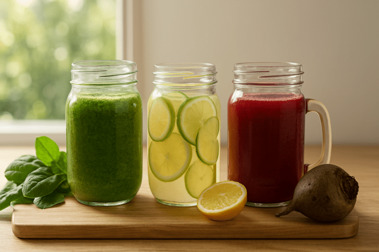 Homemade weight loss detox drinks with beetroot, cucumber lemon water, and green smoothie in natural morning light.