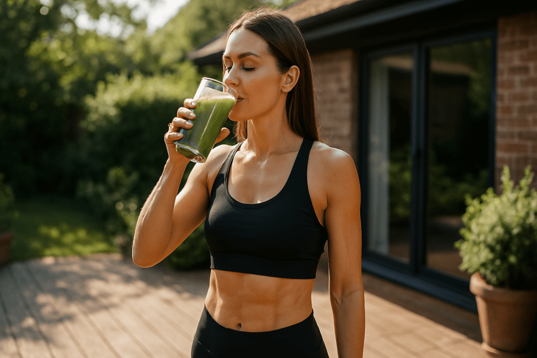 A fit woman in athletic wear drinks a green detox smoothie on a sunlit wooden patio, surrounded by greenery and warm natural morning light, illustrating effective home remedies for fat loss and healthy weight management.