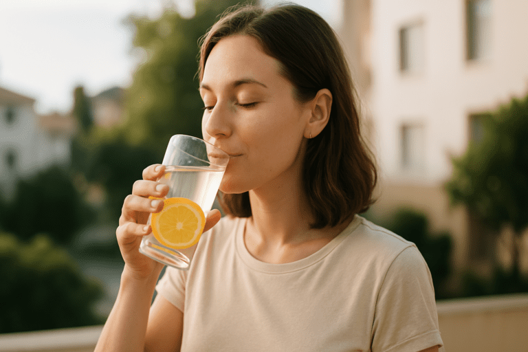 Morning detox drink with lemon for weight loss in soft natural light.