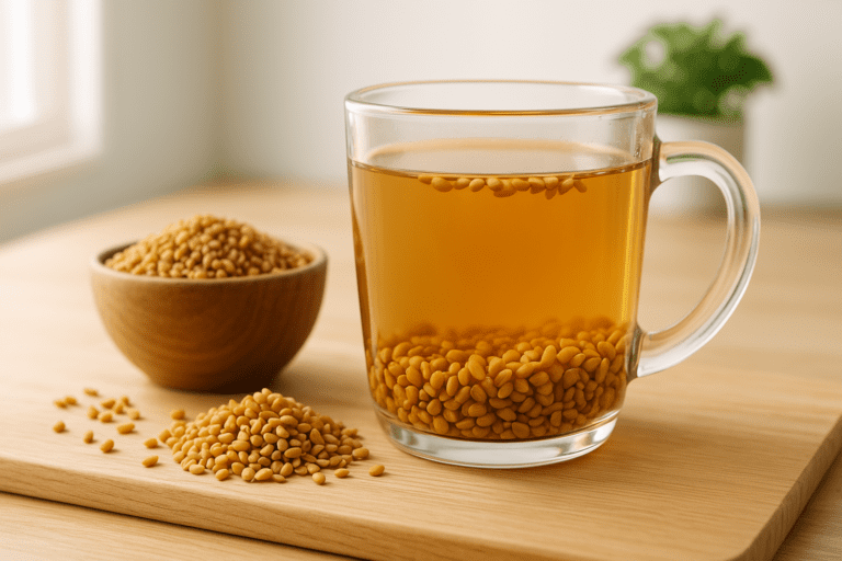 Fenugreek help you lose weight with fenugreek tea and seeds in morning light for natural fat burning.