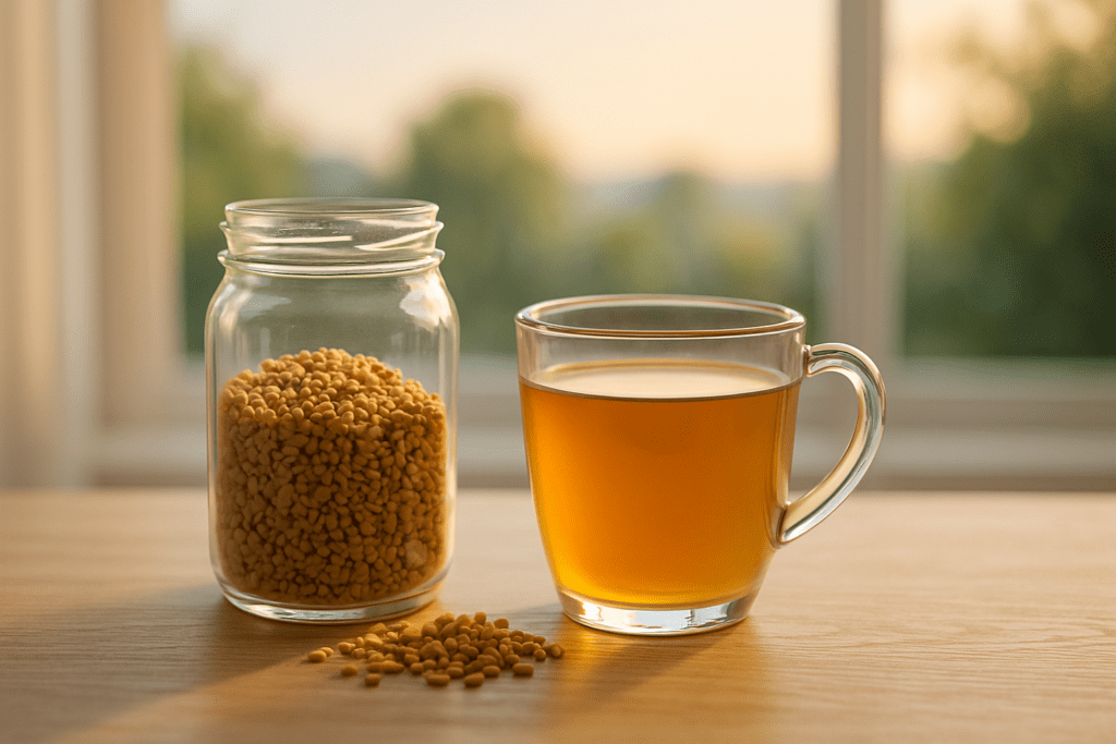 Can Fenugreek Help You Lose Weight? Exploring Fenugreek Fat Loss Benefits and Its Role as a Natural Appetite Suppressant 1 Fenugreek tea and seeds for weight loss in natural morning light setting.