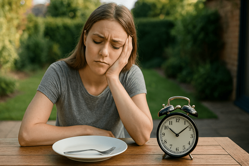 Is Fasting a Good Way to Lose Weight? Exploring the Best Fasting for Weight Loss and How to Fat Fast Safely 2 A young woman sits in quiet reflection beside a plate and clock in soft morning light, symbolizing intermittent fasting and mindful weight loss practices.