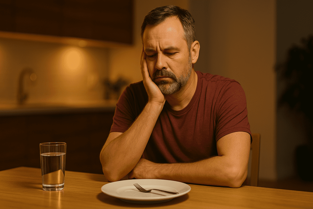 A man sits in quiet reflection beside a plate and clock in soft morning light, symbolizing intermittent fasting and mindful weight loss practices.