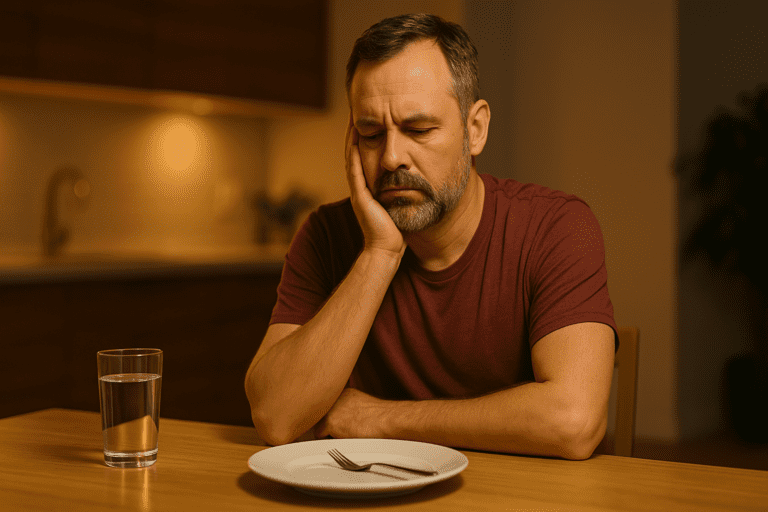 A man sits in quiet reflection beside a plate and clock in soft morning light, symbolizing intermittent fasting and mindful weight loss practices.