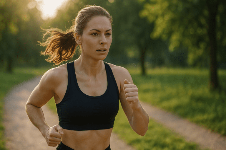 A fit young Caucasian woman with light brown hair jogs along a sunlit park trail, wearing a black sports bra and leggings. The warm natural lighting and vibrant greenery highlight her focused expression and physical intensity, illustrating jogging as one of the best exercises to lose weight fast.