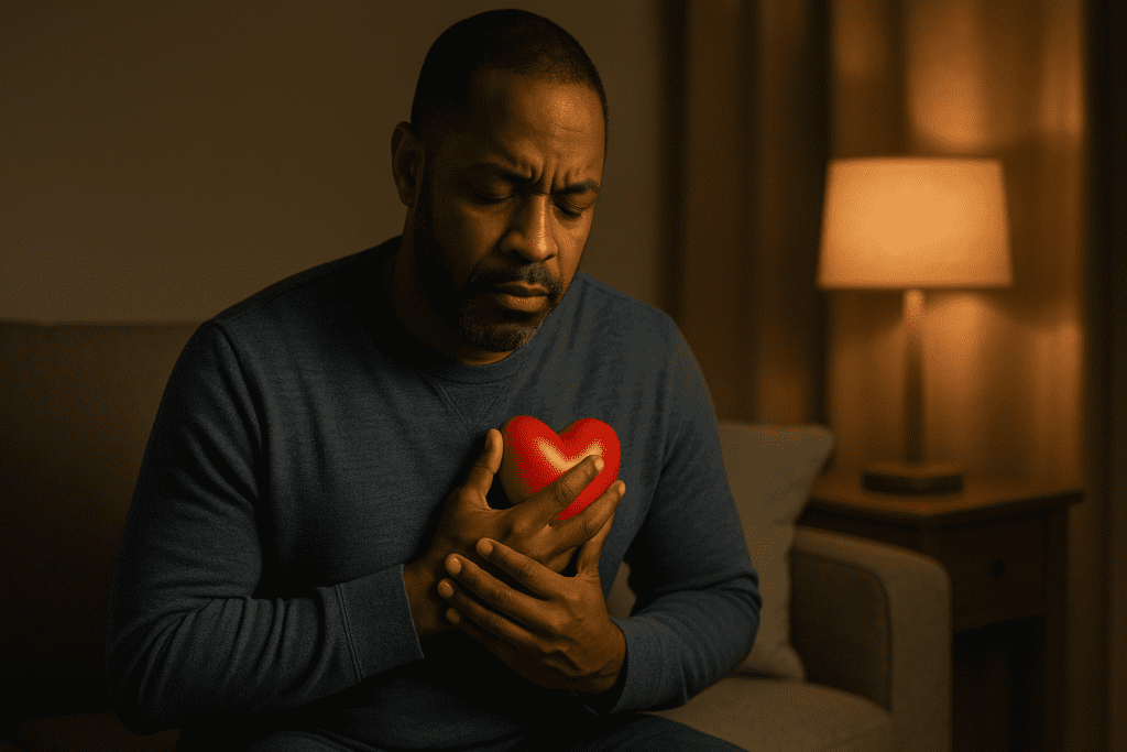 An African American man in his mid-40s sits on a gray sofa in a softly lit living room at night. He holds a red heart-shaped object close to his chest, with a thoughtful and somber expression. Warm light from a nearby lamp casts a calm, introspective atmosphere, symbolizing emotional reflection on heart health.