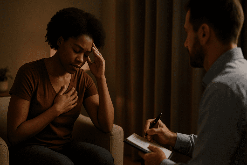 In a softly lit therapy room, an African American woman sits on a beige armchair, her expression reflecting contemplation and emotional vulnerability. Across from her, a Caucasian male therapist takes notes, while warm ambient lighting highlights the intimate and supportive setting, suggesting guidance for managing heart health and diabetes.