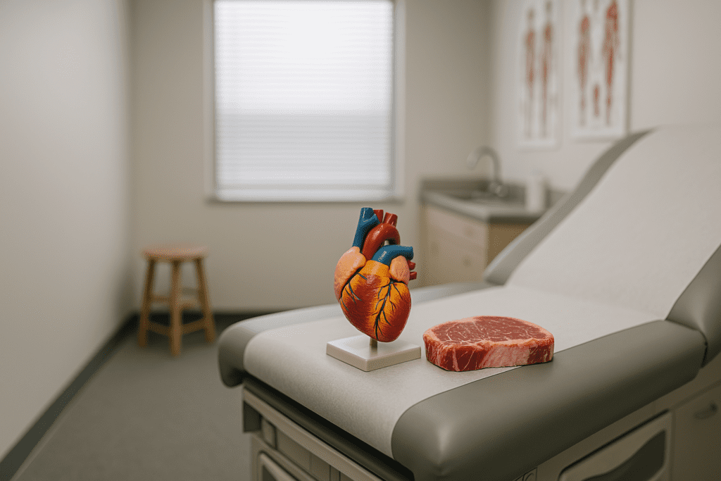 A clinical examination room bathed in soft natural light showcases an empty exam table with a plastic heart model and a raw steak placed side by side. The neutral tones, anatomical posters, and clean countertops in the background emphasize the visual contrast between the symbolic objects, underscoring the theme of diet and heart health.