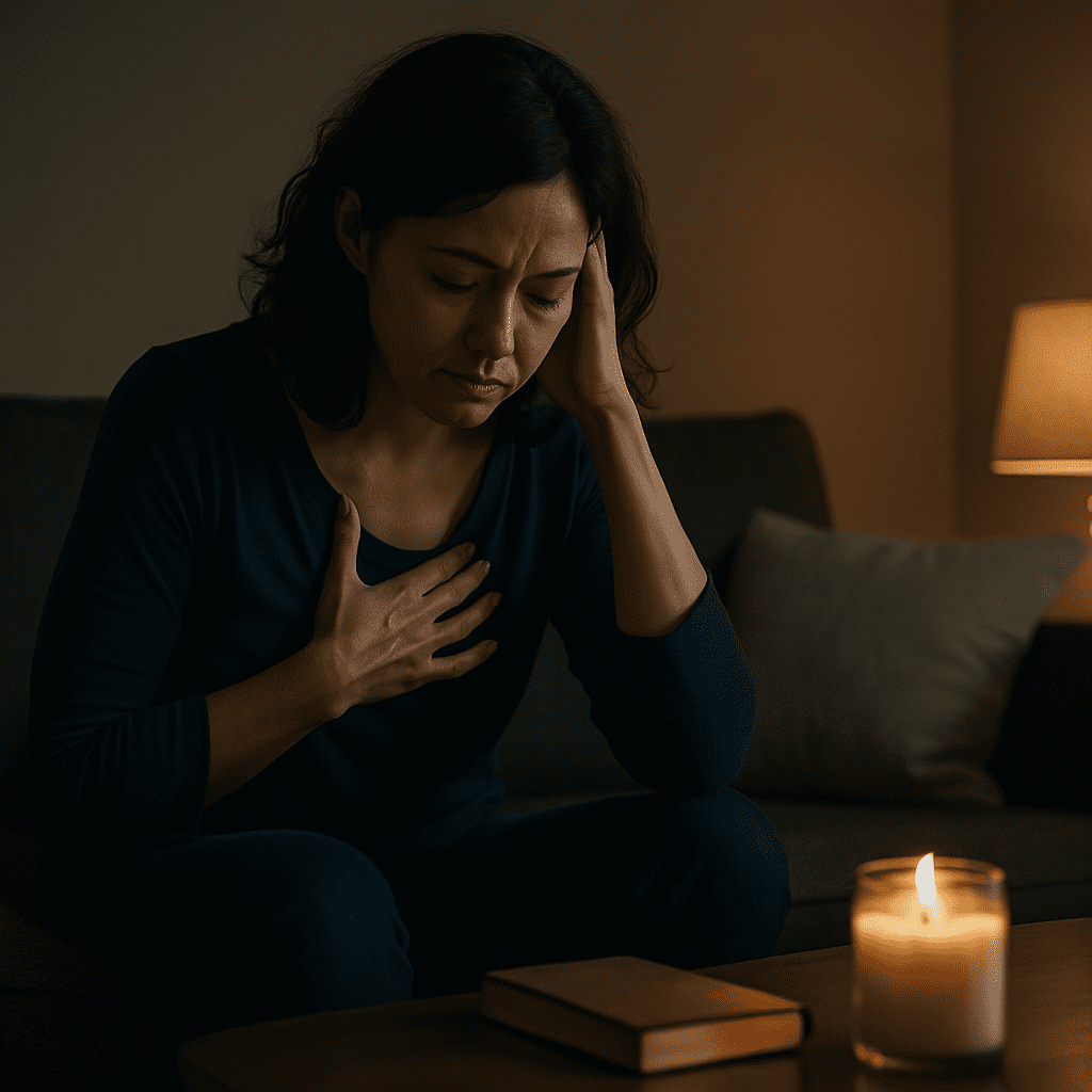 A woman with light skin and shoulder-length dark brown hair sits thoughtfully on a dark gray sofa, illuminated by the soft glow of a flickering candle on a wooden table. Her solemn expression, along with the warm, low-key lighting and neutral tones, evokes a quiet reflection on the relationship between diet and heart health.