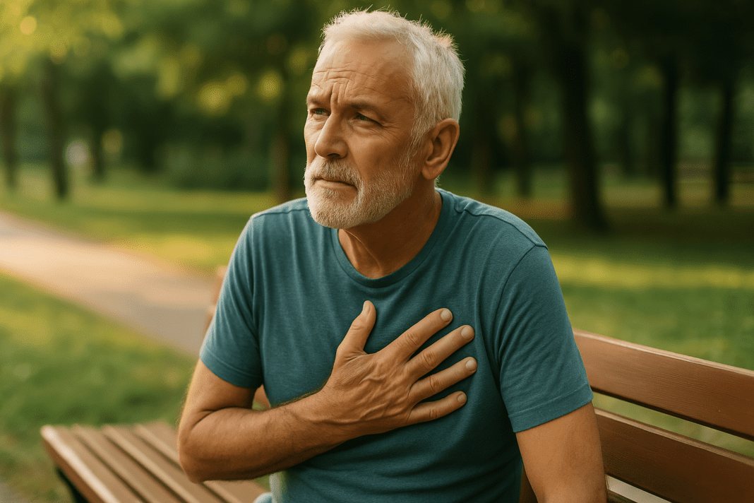 An older man in his 60s with short white hair and a contemplative expression sits on a wooden bench in a peaceful park during late afternoon. The warm, golden sunlight filters through the surrounding greenery, reflecting a quiet moment of reflection on natural ways to reverse arterial plaque and promote heart health.